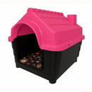 casinha de plástico para pets com telhado rosa e base preta, almofada estampada