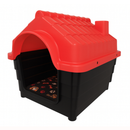 Casa para cachorro de plástico preto com telhado vermelho, ideal para pets.