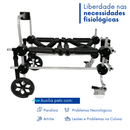 Cadeira de rodas para pets, estrutura metálica leve com rodas, indicada para mobilidade de animais com paralisia, artrite, lesões ou problemas neurológicos.