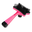 Escova rosa para pelos de pet com cerdas pretas, acessório para higiene animal.