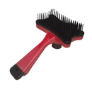 Escova de pelos para pets, cerdas pretas, cabo rosa, acessório de higiene animal.
